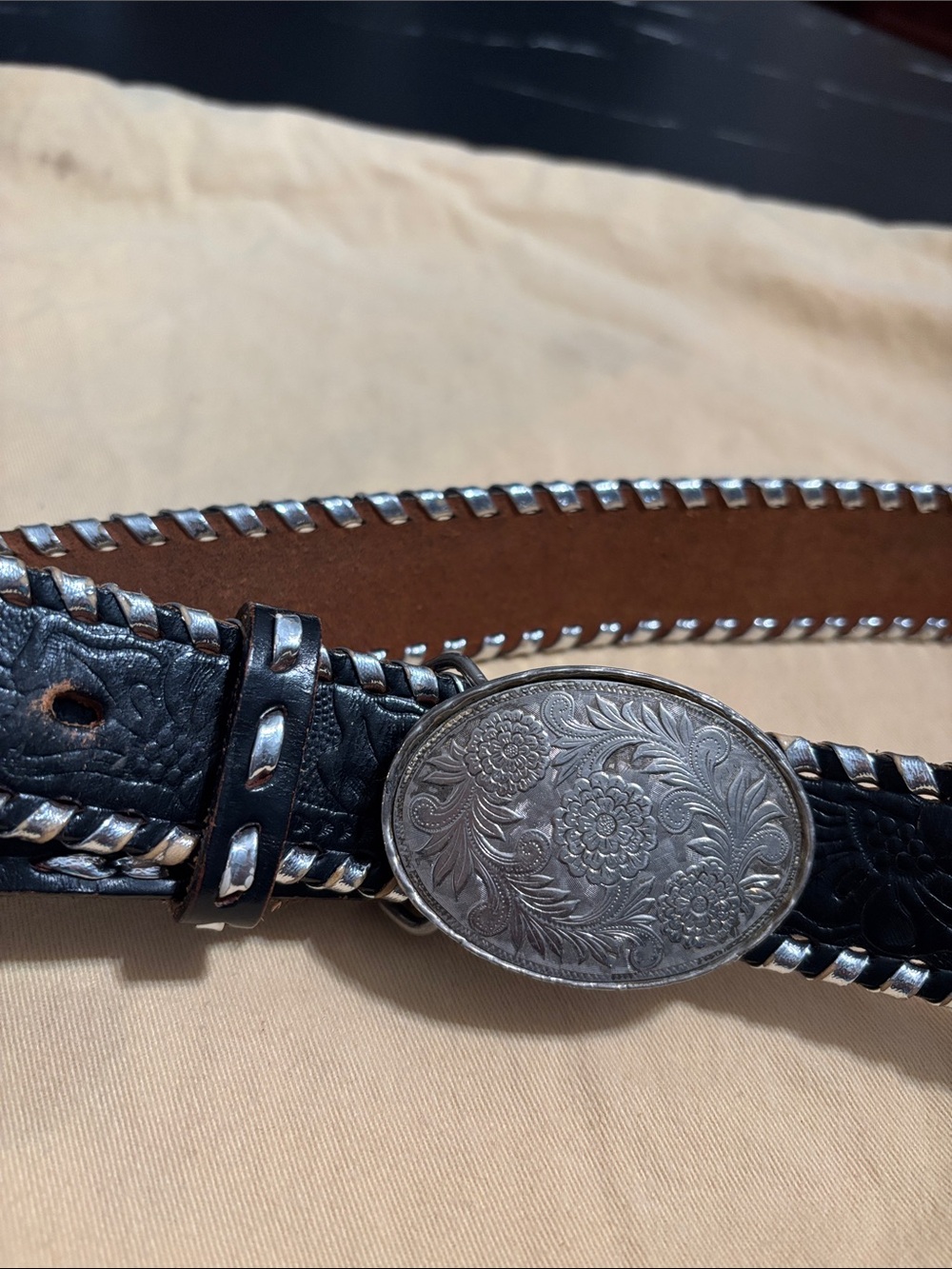 Jill Stuart Black Leather Belt with Floral Silver Oval Buckle